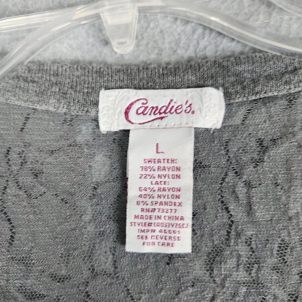 Candie's Cardigan Sweater Womens Large Gray Lace Back Floral Knit Button Front - Picture 2 of 7